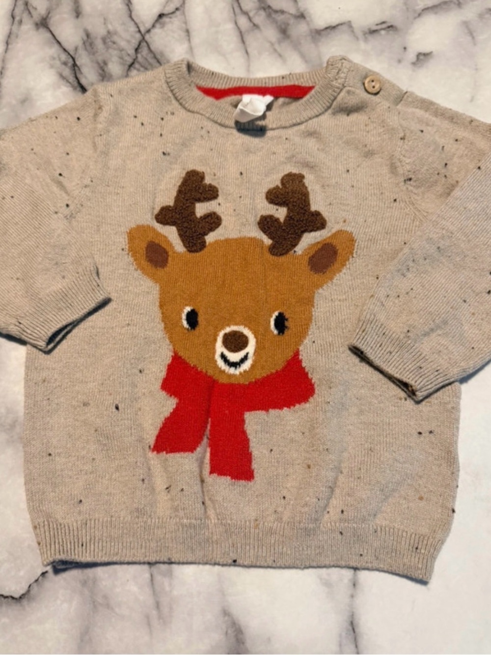 H&M Beige Knit Reindeer Sweater with Red Scarf